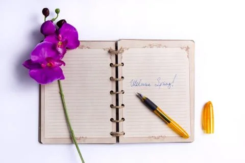 Welcome Spring - Notebook With A Bunch Of Flowers Stock Photos