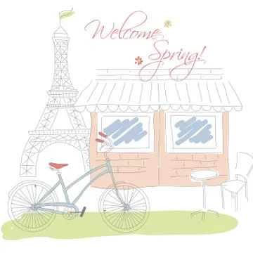 Welcome spring in Paris postcard, hand drawn Stock Illustration