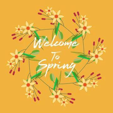 Welcome to Spring radial vector pattern with spring flowers on a Yellow backg Stock Illustration