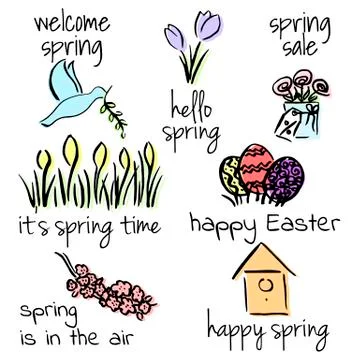 Welcome to spring set. First flowers, birds, lettering, Easter, birdhouse Stock Illustration