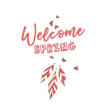 Welcome spring text decorated with hearts and striped leaves Stock-Illustration