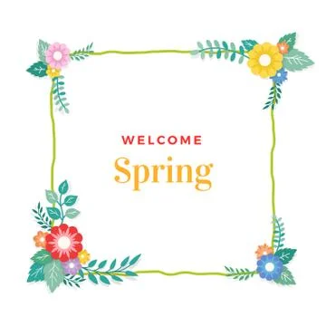 Welcome Spring Text with Frame of Bouquet Flower Arrangement and Leaf Ornamen Stock Illustration