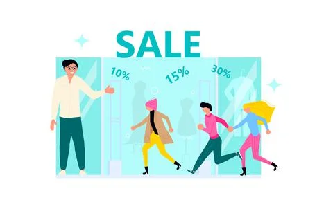 Welcome to store concept with friendly man seller. Male and female happy cust Stockillustratie