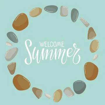 Welcome Summer text in Beach pebbles frame. Round frame with Various shapes Illustrazione stock