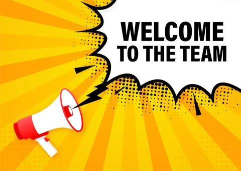 Welcome to the team megaphone yellow banner in 3D style on white background.  Stockillustratie