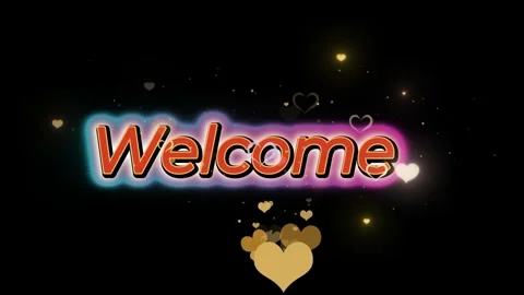 Welcome text animation with floating golden hearts and glowing neon effects on Stock Footage 338991776