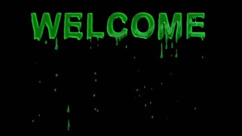 Welcome text with green liquid drops effect on plain black background Stock Footage 343661717