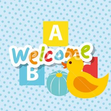 Welcome text rubber duck ball and blocks alphabet Stock Illustration