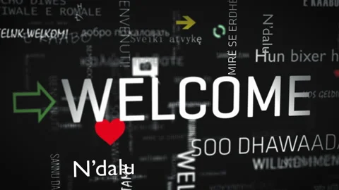 Welcome text surrounded by greetings in different languages in cloud on black Stock Footage 231162268