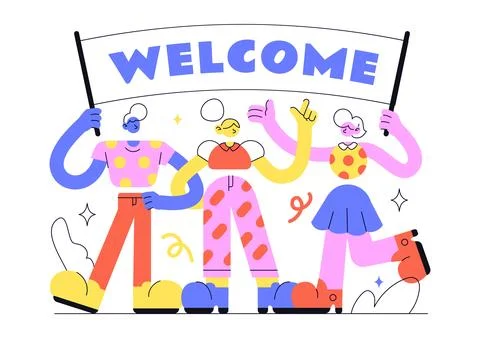 Welcome Vector Illustration Featuring Diverse Friends Holding Greeting Sign.. Stock-Illustration