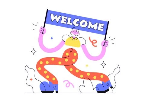 Welcome Vector Illustration Featuring Diverse Friends Holding Greeting Sign.. Stock-Illustration