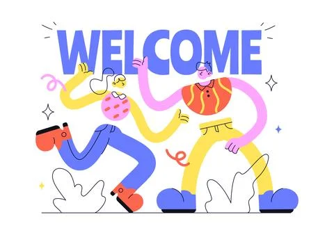 Welcome Vector Illustration Featuring Diverse Friends Holding Greeting Sign.. Stock-Illustration