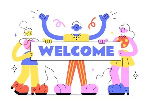Welcome Vector Illustration Featuring Diverse Friends Holding Greeting Sign.. Stock-Illustration