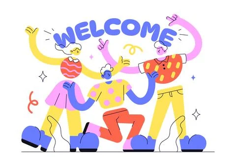 Welcome Vector Illustration Featuring Diverse Friends Holding Greeting Sign.. Stock-Illustration