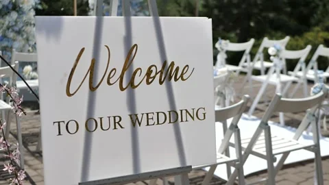 Welcome zone. Wedding ceremony on the background of the forest Stock Footage 309930136