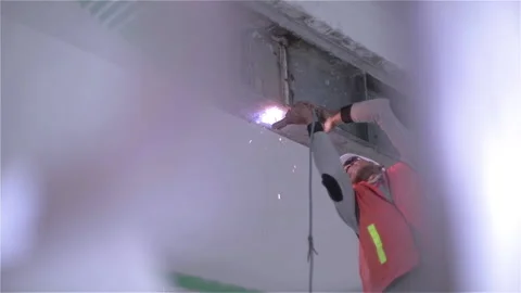 Weld Working Construction Worker. Sparks and Flashes Slow Motion Stock Footage 138614087