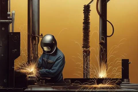 A welder cooks mechanical elements in an industrial facility. Stock Illustration