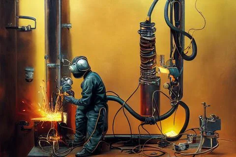 A welder cooks mechanical elements in an industrial facility. Illustrazione stock