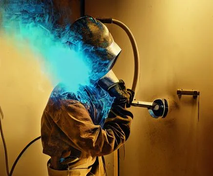 A welder cooks mechanical elements in an industrial facility. Illustrazione stock