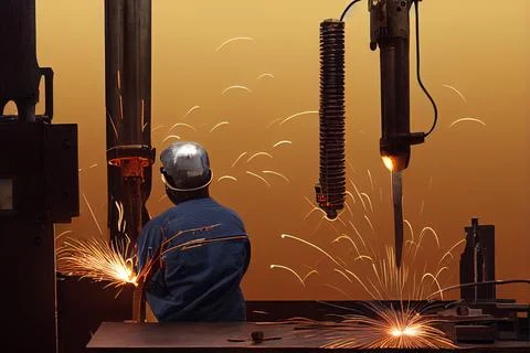 A welder cooks mechanical elements in an industrial facility. Stock Illustration