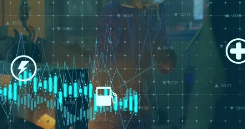 Welder firing torch in workshop, sparking metal as candle chart and icons Stock Footage 331176227