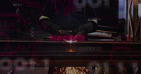 Welder igniting torch cutting steel beam fabrication guiding torch sparks Stock-Footage 320651085