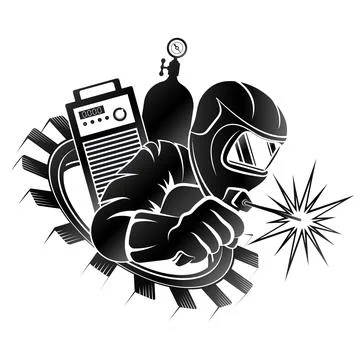 Welder in mask uniform with welding machine silhouette 스톡 일러스트