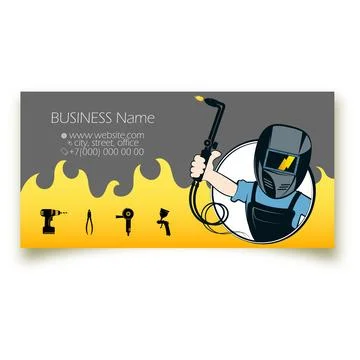 Welder in mask with welding machine in hand, business card concept 스톡 일러스트