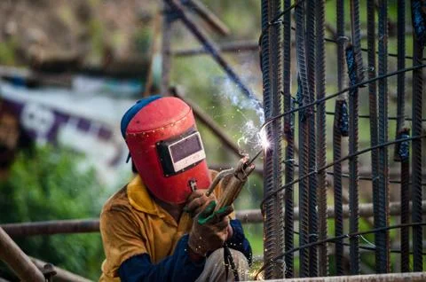 Welder with Red Mask Stock Photos