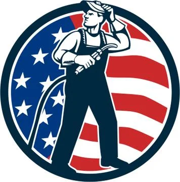 Welder Standing Visor Up USA Flag Circle Retro Stock Illustration