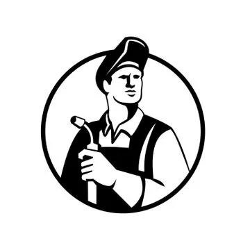 Welder With Visor Holding Welding Torch Circle Retro Black and White 스톡 일러스트