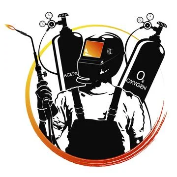 Welder with welding machine and gas cylinders 스톡 일러스트
