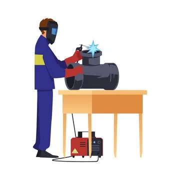 Welder welding metal pipe construction, flat vector illustration isolated. 스톡 일러스트