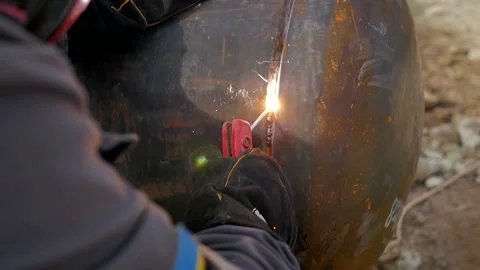 Welder work, close-up, pipe welding, slow motion Stock Footage 142496230