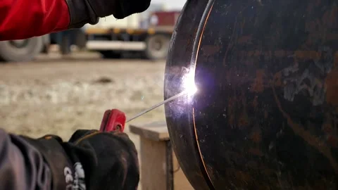 Welder work, close-up, pipe welding, slow motion Stock Footage 142496246