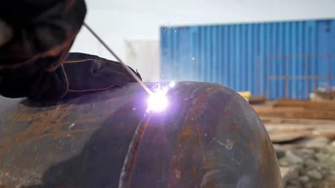 Welder work, close-up, pipe welding, slow motion Video stock 142496256