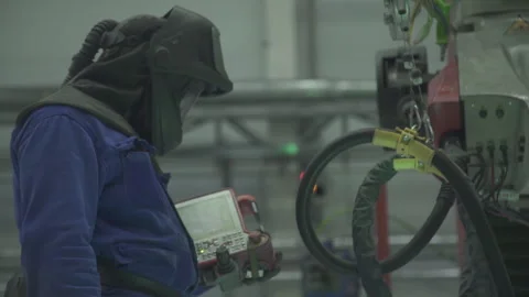 The welder work with an electronic control panel Stock Footage 237996283