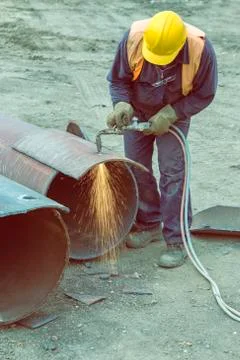 Welder worker with cutting torch Stock Photos