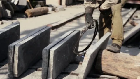Welder worker in mask weld granite Stock Footage 70436828