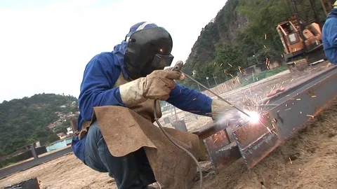 Welder working with welding on construction. Stock Footage 123978528