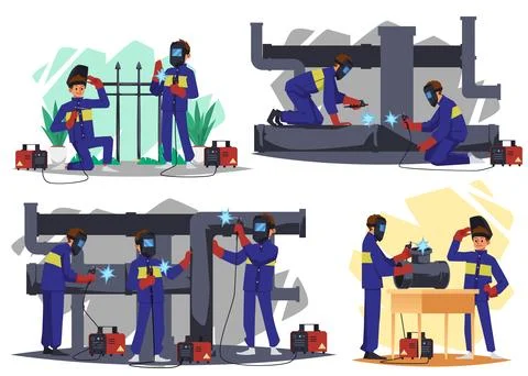 Welders work on construction site or repair pipeline, flat vector illustratio Stock Illustration