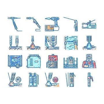 Welding Machine Tool set Icons hand drawn Stock Illustration