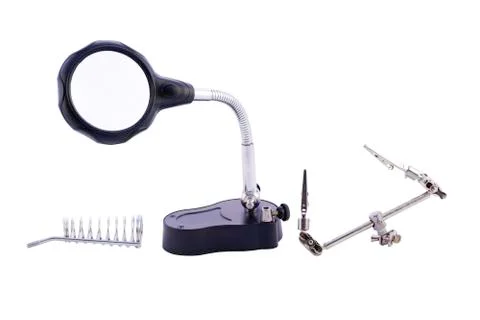 Welding magnifier with tools on white background Stock Photos