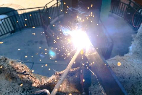 Welding of metal structures on a black background Stock Photos