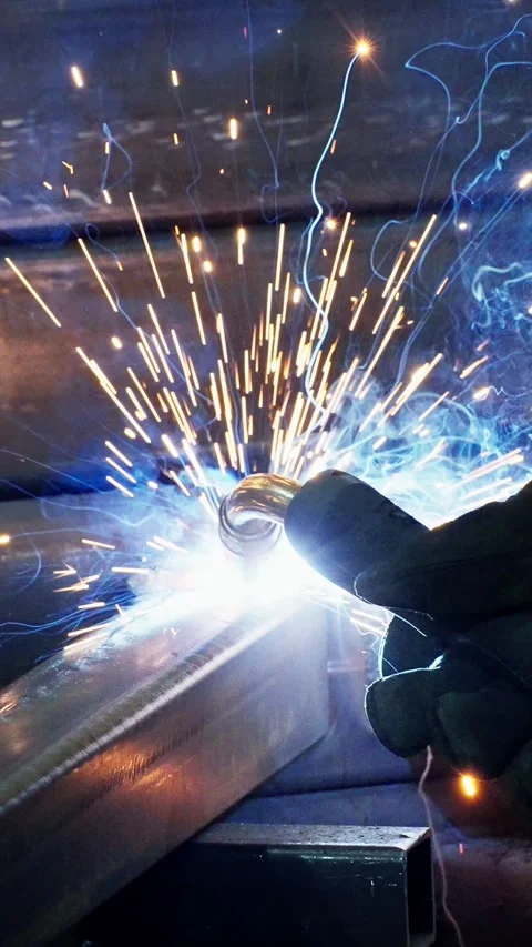 Welding process showcasing sparks and bright arcs in a workshop setting Stock Footage 300346972