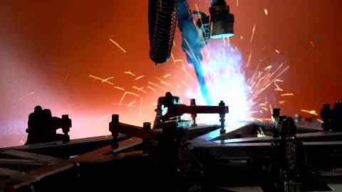 Welding robot sparks on red background, industry automation concept 스톡 동영상 295376385
