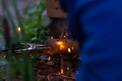 Welding of rusty pipes close-up Stock Photos