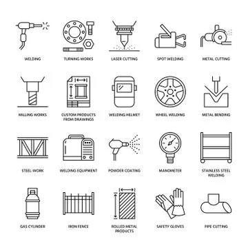Welding services flat line icons. Rolled metal products, steelwork, stainless Illustrazione stock