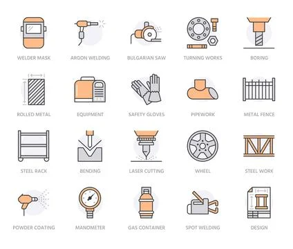 Welding services flat line icons. Rolled metal products, steelwork, stainless Illustrazione stock