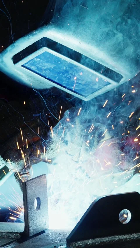 Welding sparks illuminate the workshop during skilled metalwork 스톡 동영상 300347313